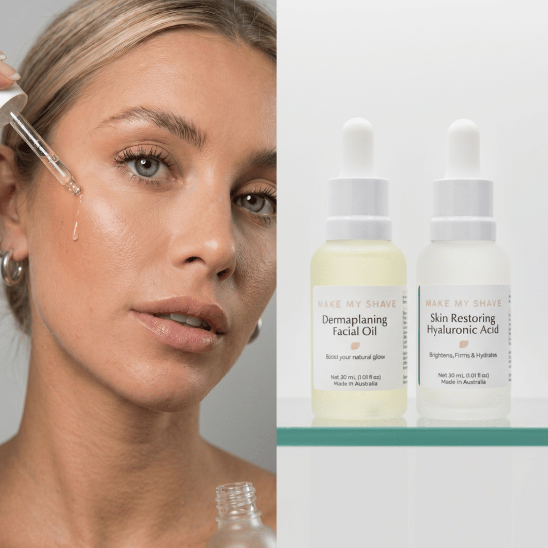 Woman applying after dermaplaning skincare product with two skincare bottles on a shelf in the background.