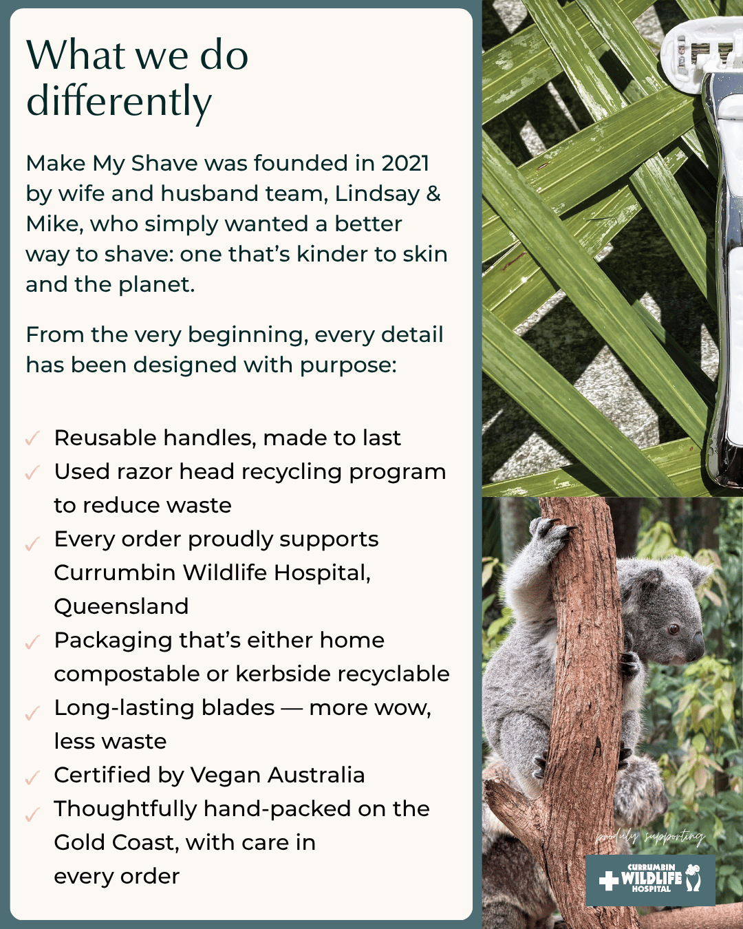 Make My Shave description on why the brand is Australia's best razor and dermaplaning shave care company, with a koala image and image of their reusable metal razor. 