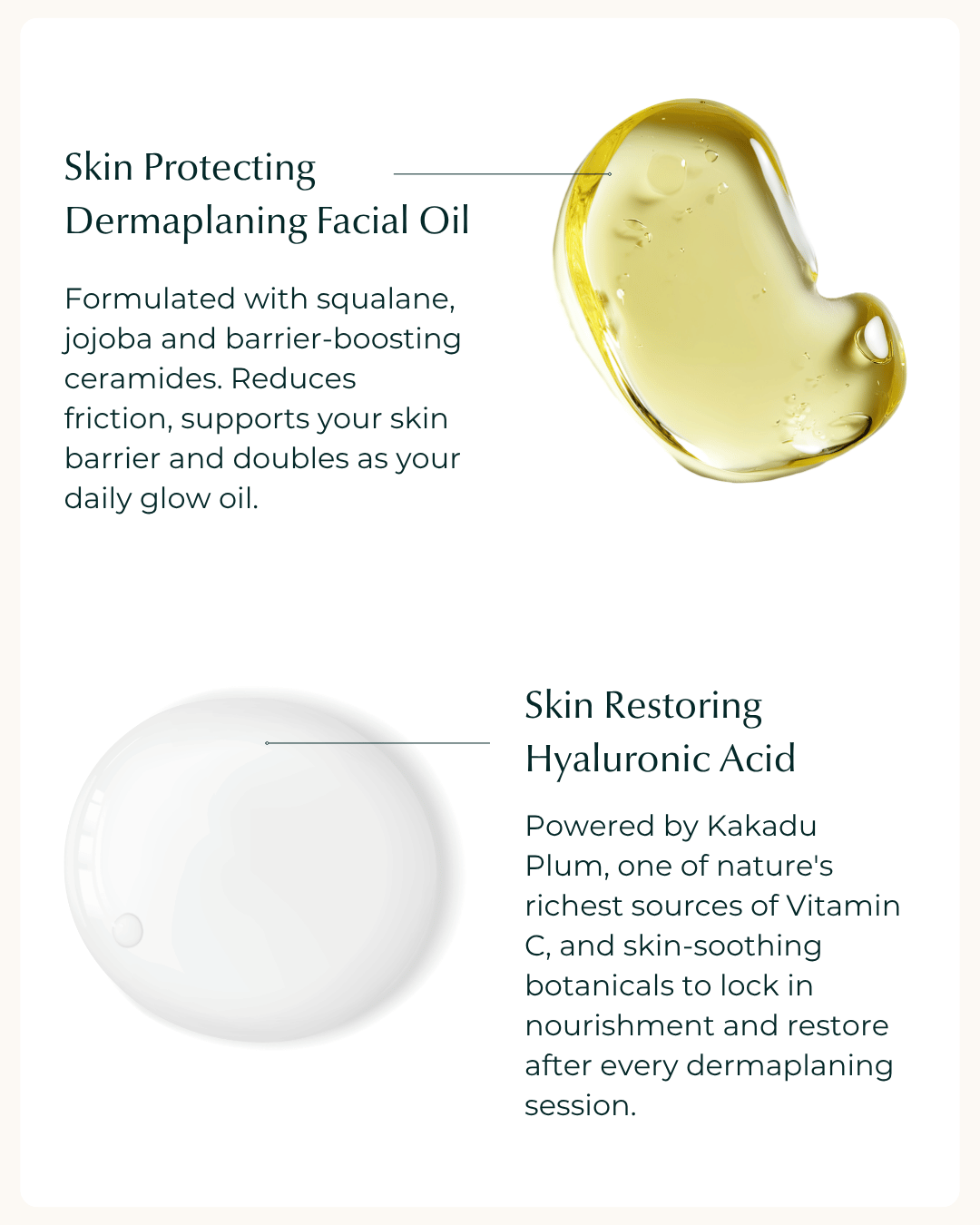 Product description of Skin Protecting Dermaplaning Facial Oil and Skin Restoring Hyaluronic Acid with text and images on a light background.