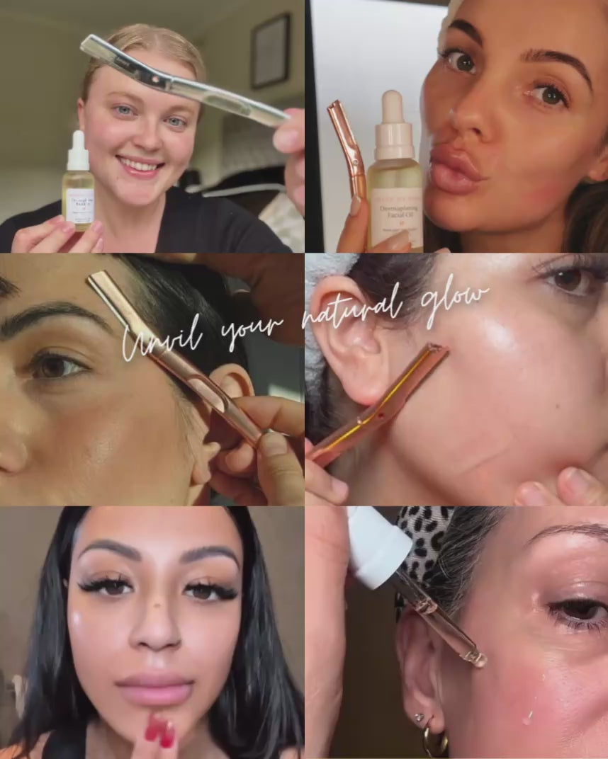 Real women using Australia's best dermaplaning tool by Make My Shave includes a collage of rose gold and silver dermaplaners plus facial oil. 