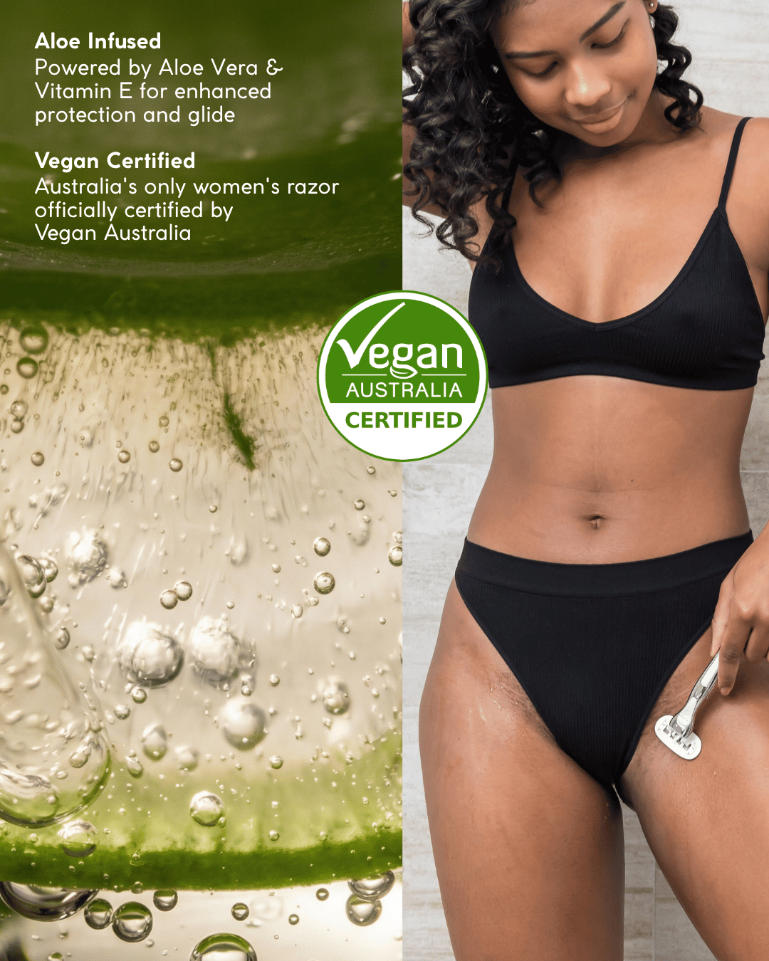 Vegan women's razor Australia showing aloe vera and a Vegan Australia certification logo, alongside a woman using a razor.