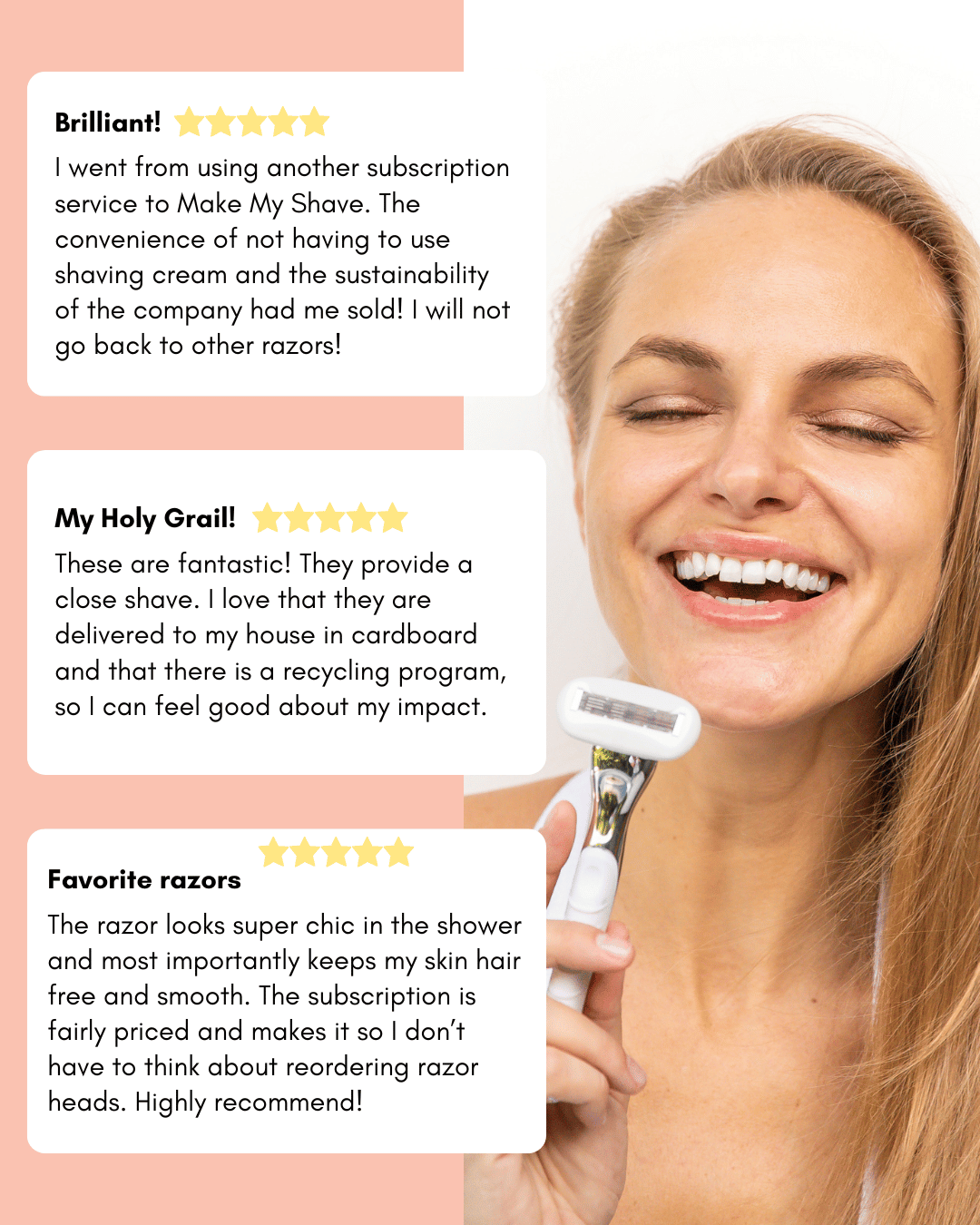 Australian woman holding a women's razor with positive reviews of the brand Make My Shave displayed on a white and pink background